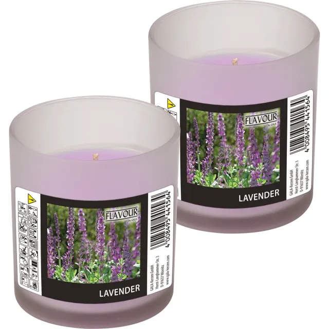 Conpax Candles geurkaars - 2x - lavendel geur - paars - 8 branduren - in glas - aroma kaars Lavender paars