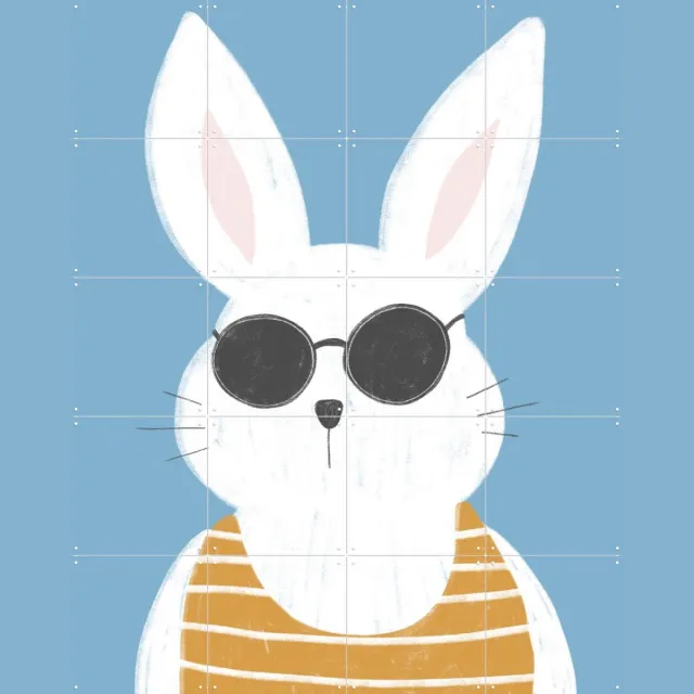IXXI Summer Bunny Vintage, BAINAI - 80 x 100 cm - Grote wanddecoratie en posters - Cartoonesk, Fantasierijk, Vintage, Illustraties, Speels Blauw