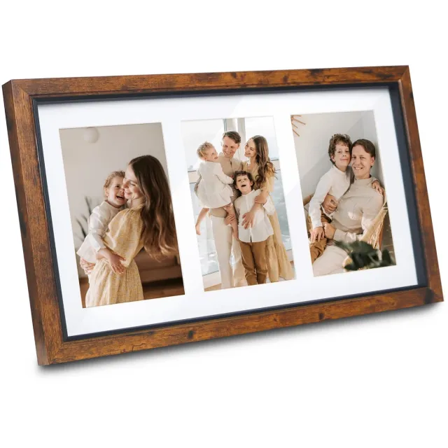 Ibenzoa Multifunctionele Houten Fotolijst voor Collage – Geschikt voor 3 Foto’s, Bruin, Wand- en Tafeldisplay