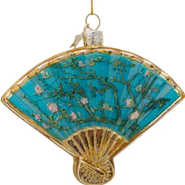 Vondels kerstornament glas Van Gogh blauwe amandelbloesem waaier H10cm