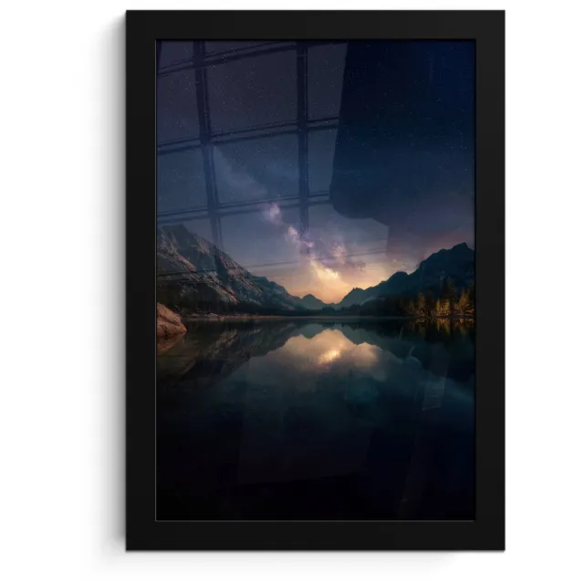 FrameYourWall Poster in lijst - Fotolijst 20x30 cm - Posters - Kristalhelder meer - Bergen - Bergen - Posterlijst zwart - Decoratie - Wanddecoratie woonkamer - Muurdecoratie slaapkamer Sterren - Meer - Bergen
