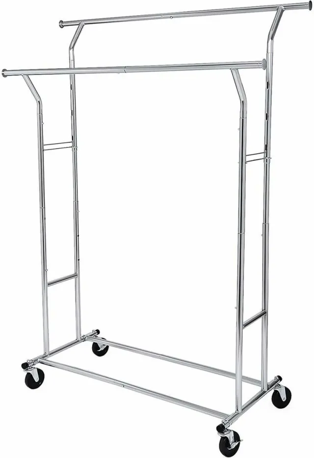 Hoppa! Kledingrek / Kapstok op wielen 2 kledingstangen van stalen buizen belastbaar tot 100 kg - RVS - 55 x 129 x 169 cm (DxBxH)