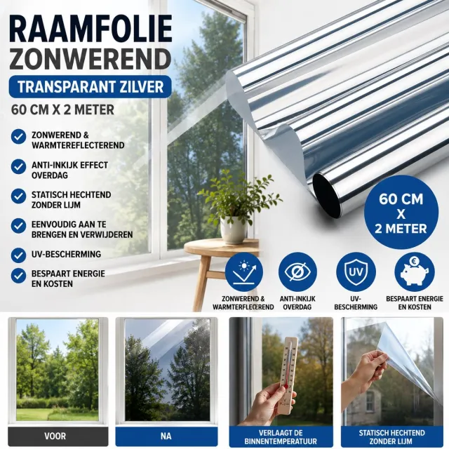 Wicotex Raamfolie - Raamfolie Zonwerend - Afmeting 60cm x 2m - Kleur Transparant Zilver