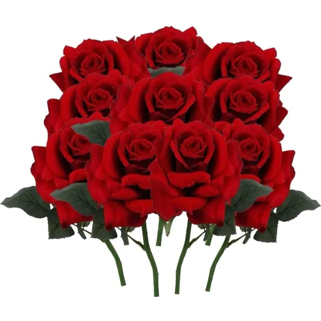 Bellatio Flowers & Plants Top Art Kunstbloem Roos de luxe - 10x - rood - 30 cm - kunststof steel - decoratie bloemen