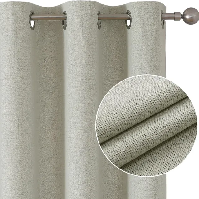 PolkaHome 100% ondoorzichtige gordijnen met inslagringen, linnenlook, 2 stuks, verduisteringsgordijn, linnen, thermogordijn, hittebescherming, warmte-isolerende coating, ruglaag voor slaapkamer en lichtbeige