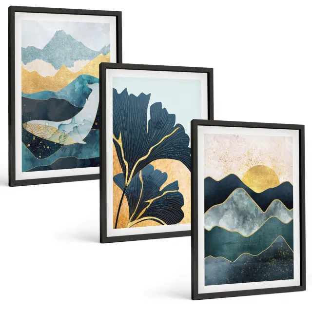 TULUP 4-Delige Schilderij Set - Abstracte esthetische vergezichten met bergen en planten - 40 x 60 cm - Wanddecoratie - Muurdecoratie - Moderne Interieurdecoratie - Stijlvolle Muurdecoratie Zwarte lijst