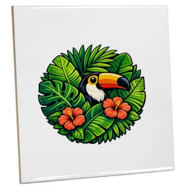 Mr Cadeautjes Tegel 20 x 20 cm - design Tropische bladeren met toekan | cadeau Wit