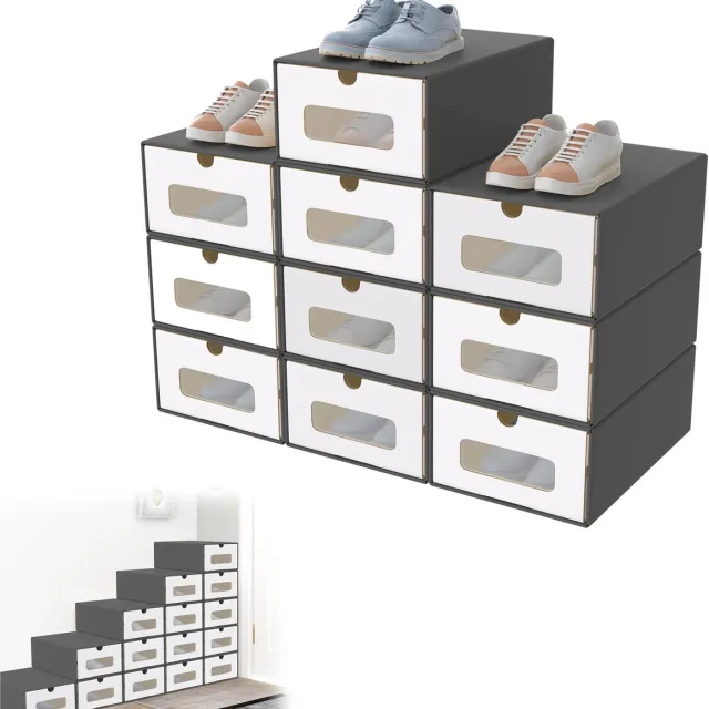 LZQ 10er Stapelbaar Doosenset – Schuifdoos Met Zichtvenster Van Kraftpapier, Schoen- En Speelgoeddoos Voor De Opslag Van Accessoires, 23,5 X 34,5 X 13,5 Cm - Anthraziet