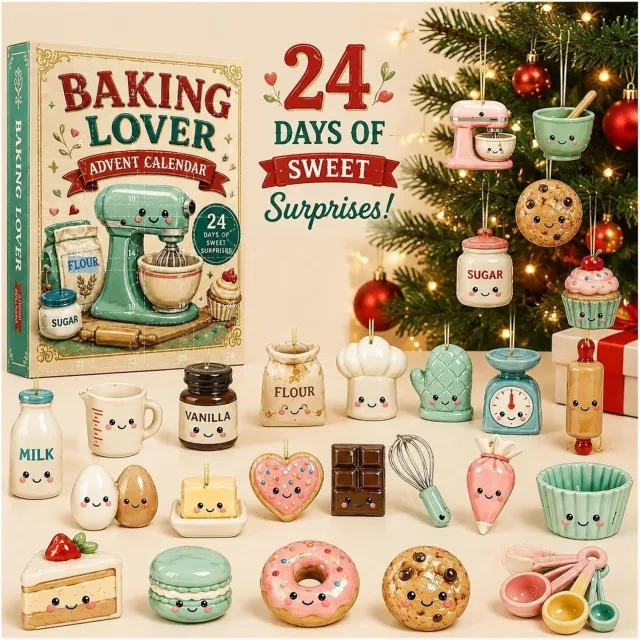 KZQ 2D Kerstbak- en Dessert-adventskalender - Geen ophangtouw nodig - Acryl - Levensechte taart- en koekjesdecoraties - Geschikt voor alle leeftijden - Blauw