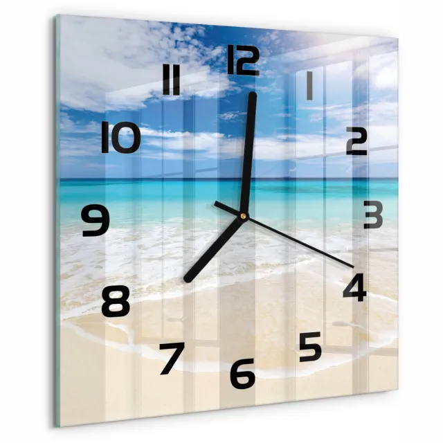 TULUP Wandklok - Tropisch strand Glazen Wandklok Design - 30x30 cm - Blauw Klok Glas Met Opdruk - Zwarte handen - Vierkante Klok - Wandklok Glas Met Motief - Decoratieve Glazen Klok