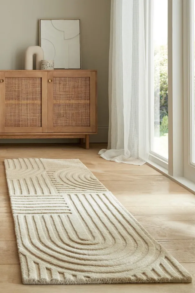 flycarpets Loper Zen Modern Japandi - Laagpolig - 100% Wol Vloerkleed - Naturel / Beige - 60x230 cm