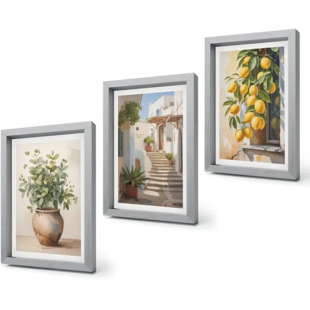 Coloray 4-Delige Schilderij Set - Potplanten en citroenen tegen de achtergrond van een straat. - 20 x 30 cm - Decoratieve Schilderijen - Woonkamer - Interieur - Moderne Wanddecoratie Zilveren lijst