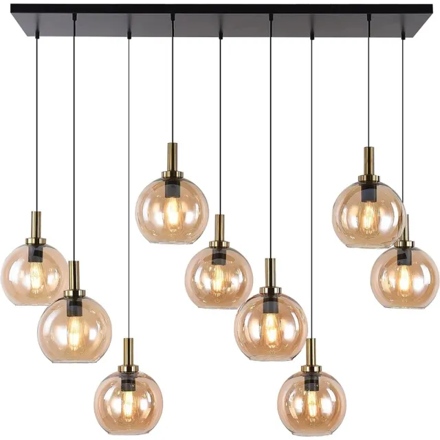 Fantasia Osira hanglamp met 9 lichtpunten, E27 fitting, zwart-gouden stalen frame en amber glazen kappen Ø200mm, IP20, dimbaar zwart + goud + amber