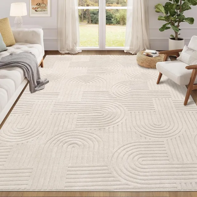 Famanu Machinebewerkbare vloerkleden voor woonkamer en slaapkamer, zacht en hoogpolig, antislip mat voor kantoor, eetkamer en lounge, crème