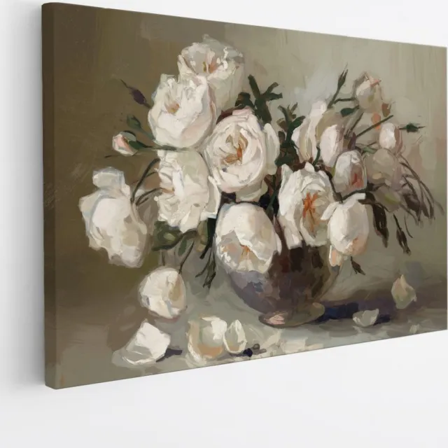 Saammp Canvas Schilderij - Witte Bloemen in vaas - Stilleven - Abstract - 70x50 - Foto op canvas - Wanddecoratie - Muurdecoratie Woonkamer - Kantoor Decoratie Multicolor