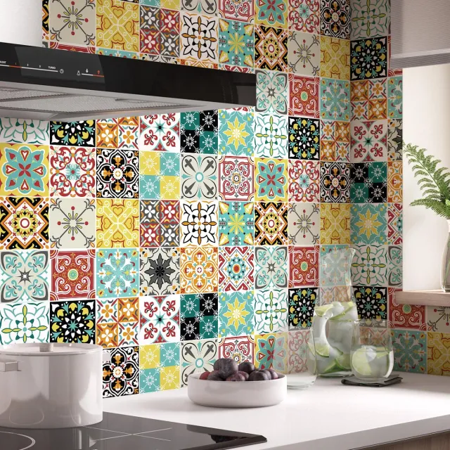 Ambiance Sticker Zelfklevende tegelmuurstickers voor keuken en badkamer - 24 cementtegelstickers, Azulejos Fripinio-stijl - 24 stickers, 15x15 cm Multi color