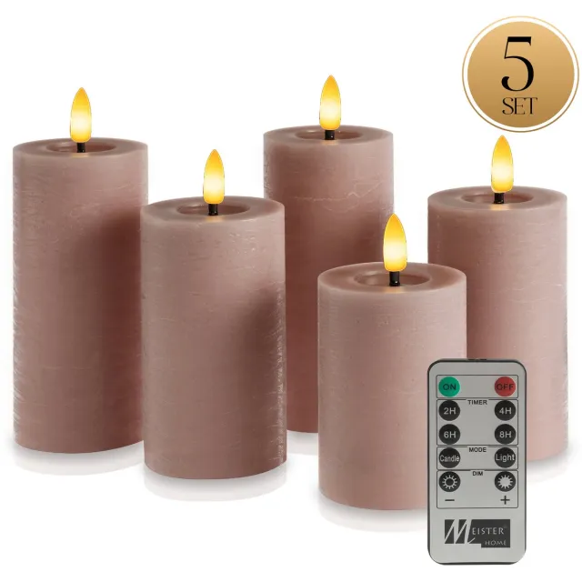 Meisterhome LED Kaarsen 5-delige Set Violet – Vlamloos & Flikkerend Licht – Met Afstandsbediening & Timer – Batterijverlichting – Ø7 cm, Hoogte 10/12,5/15 cm – Rustiek Design – Warm Wit Licht