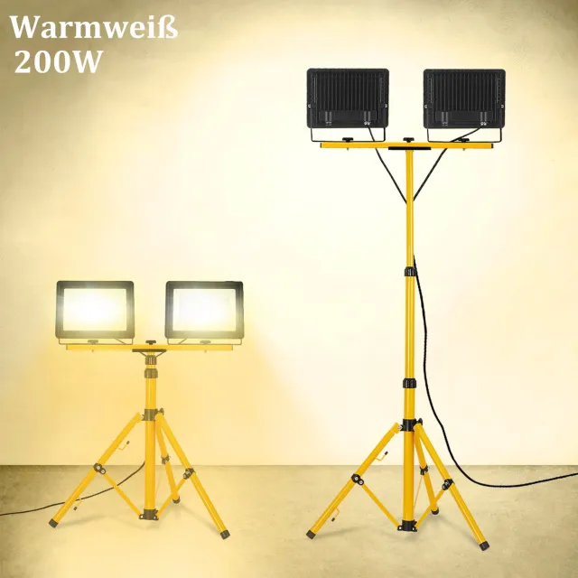 Froadp 2x 200W LED Baustrahler Warmwit Met Standaard Voor Bouwwerken, Tuin, Garage - Inclusief Netkabel, Waterdicht IP66 Warm wit