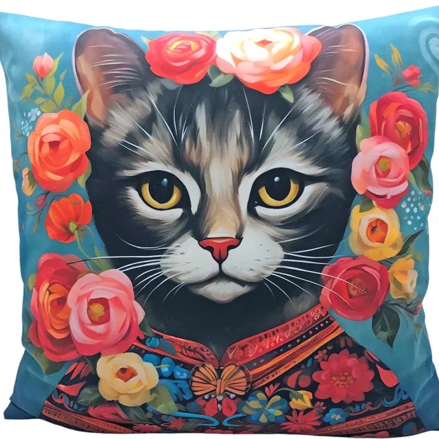 Woontante Sierkussen Kat - Kat Kussenhoes - Katten en Rozen - 45 x 45 cm - Blauw