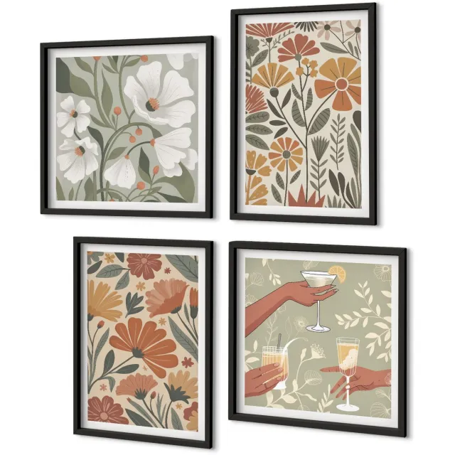 Coloray 4-Delige Schilderij Set - Bloemenpatronen In Oranje En Groene Tinten. - 40 x 40 cm En 40 x 60 cm - Muurdecoratie - Decoratieve Schilderijen - Wohnzimmer