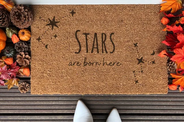 Laser Point Stars Are Born Here | 90x60 cm | Nieuwe huis cadeau | Ingangsmat | Deurmat met stijl | Verhuizing cadeau | Praktisch & trendy | Perfect voor binnenkomst | Cadeau voor nieuwe woning Bruin | Zwart (Gravering 90x60)