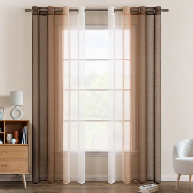Ibenzoa Transparante Tweekleurige Gordijnen met Ingestanste Ringen voor Elegante Raamdecoratie, 140 x 225 cm, Set van 2 bruin
