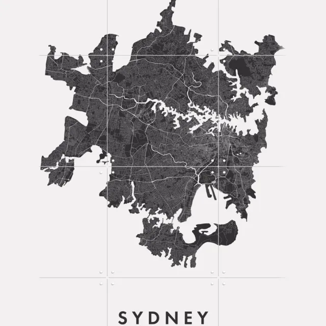 IXXI Sydney City Map, Kunst in Kaart - 60 x 80 cm - Grote wanddecoratie en posters - Technische Tekening, Grafisch Ontwerp, Minimalisme, Studeerkamer Zwart en wit / Monochroom