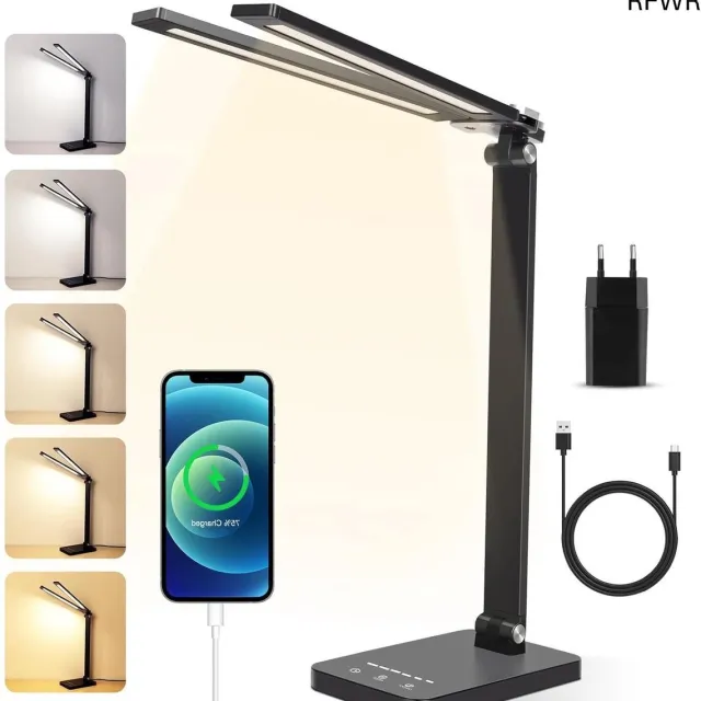 RFWR Verstelbare LED Bureaulamp met 5 Lichtkleuren en 6 Helderheidsniveaus - Automatische Uitschakeling en USB Oplaadfunctie Metaal gepolijst