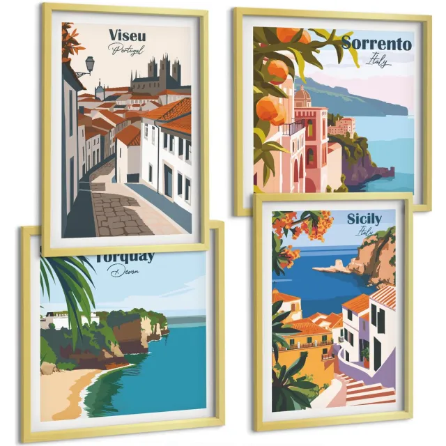 TULUP 4-Delige Schilderij Set - Retro-illustraties van beroemde steden over de hele wereld - 40 x 40 cm en 40 x 60 cm - Muurdecoratie - Decoratieve Schilderijen - Wohnzimmer Gouden lijst
