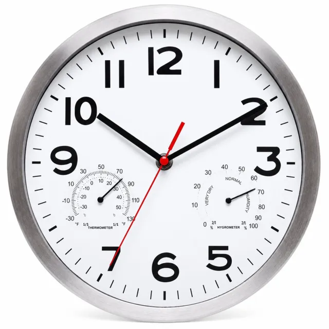 SWGOTA Metalen wandklok van 10 inch met witte wijzerplaat, grote cijfers, thermometer en hygrometer voor woonkamer of kantoor