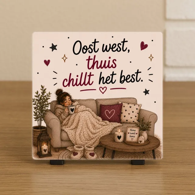 CreaCraft Spreuktegel “oost west, thuis chillt het best” – Cadeau tegeltje – Trendy nu – Woondecoratie – Vriend(in), familie, collega – Zomaar – Incl standaard – Cadeau idee – Wenstegeltje oost west thuis chillt het best