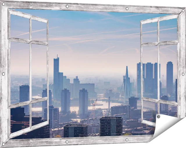 Gards Tuinposter Doorkijk Rotterdamse Skyline - 120x80 cm - Tuindoek - Tuindecoratie - Wanddecoratie buiten - Tuinschilderij Grijs