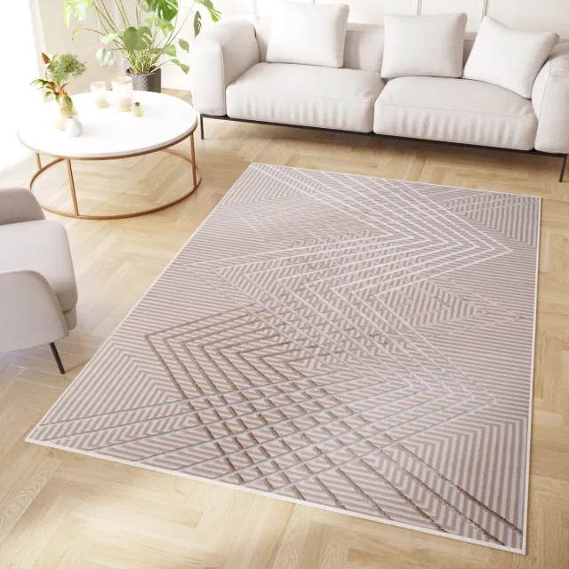 Tapiso Crystal Vloerkleed Beige Zigzag 3D Effect Laagpolig Tapijt Maat- 200x300 Beige 3