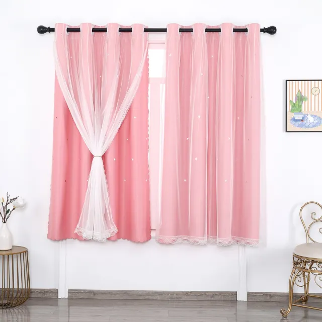 Qelus Roze Verduisterende Gordijnen Kant en Klaar met Ringen - Dubbellaags Gordijn met Sterren, Tulle Laag en Kantrand - 130x160 cm - Incl. Gratis Boog en Lint - Voor Woonkamer en Slaapkamer
