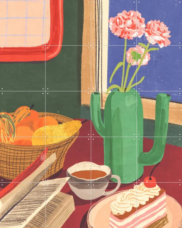 IXXI Book coffee and cake, Gigi Rosado - 80 x 100 cm - Grote wanddecoratie en posters - Speels, Kleurrijk, Illustraties, Keuken, Woonkamer, Eetkamer Groen