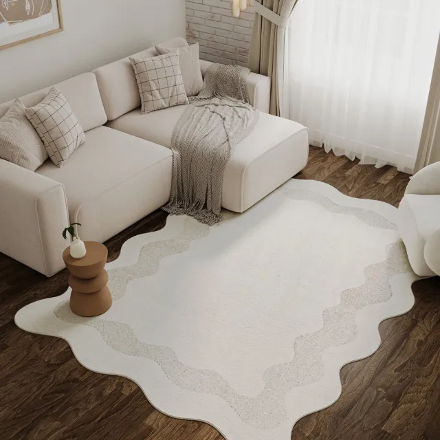 Tapiso Terra Vloerkleed - Organische Vorm met Golvende Rand - Woonkamer & Slaapkamer - Laagpolig Tapijt - 3D-Effect - Crème Wit - OEKO-TEX, foto 7