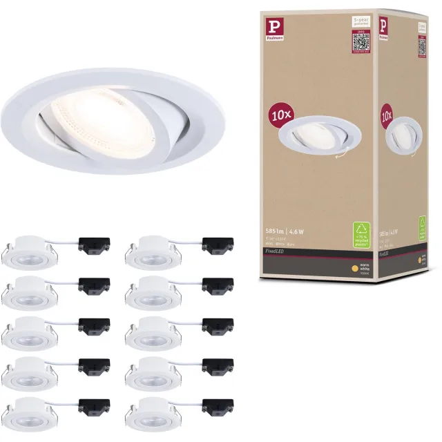 Paulmann LED-inbouwlamp FixedLED Set van 10 draaibaar 25° 10x4,8W 10x460lm 230V 3000K Wit