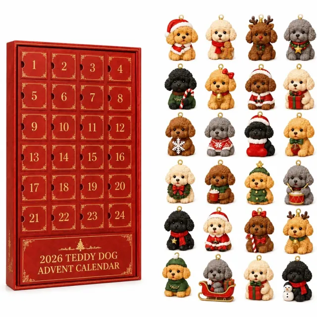 SWGOTA Adventskalender 2026 met 24 hondenhangertjes en 24 genummerde deurtjes, 26 x 18 x 3 cm Rood