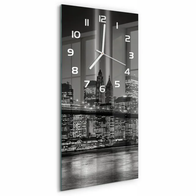 TULUP Wandklok - Manhattan, New York Gekleurde Glazen Klok - 30x60 cm - Zwart-wit Glazen Klok Met Print - Witte handen - Rechthoekige Klok - Moderne Wandklok Glas - Wandklok Glas Decoratie