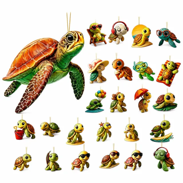 SWGOTA Adventskalender 2026 met 24 platte schildpadhangers - Diverse cartoonmotieven met ophangkoord - Papieren geschenkdoos Meerkleurig