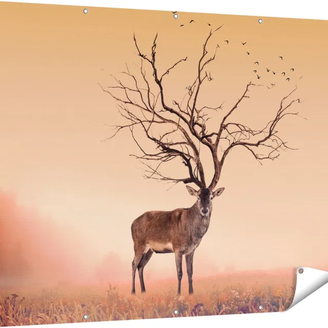 Gards Tuinposter Hert met een Bomen Gewei - 160x120 cm - Tuindoek - Tuindecoratie - Wanddecoratie buiten - Tuinschilderij Multikleur