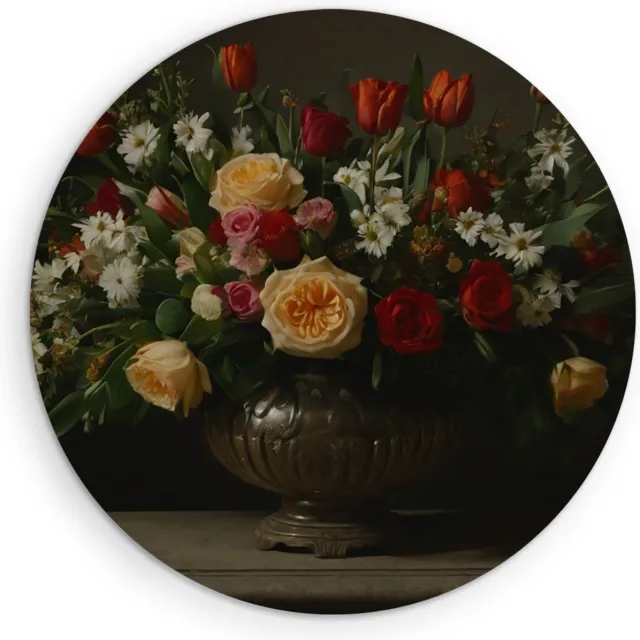 Saammp Forex Muurcirkel - Bloemstuk met Rijke Kleuren in Donkere Setting - Natuur - Klassiek - Ø 30 - Wandcirkel - Wanddecoratie Cirkel - Muurdecoratie Woonkamer - Kantoor Decoratie