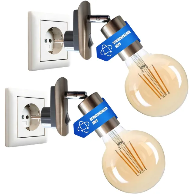 Trango Set van 2 Plug-in Lamp 11-260A incl. 1x 4 Watt 2500K Goud Warm Wit E27 LED Lamp in Nikkel mat *ANNA* Wandlamp, Leeslamp, Nachtlampje, Wandlamp, Keukenlamp, Plug Lamp