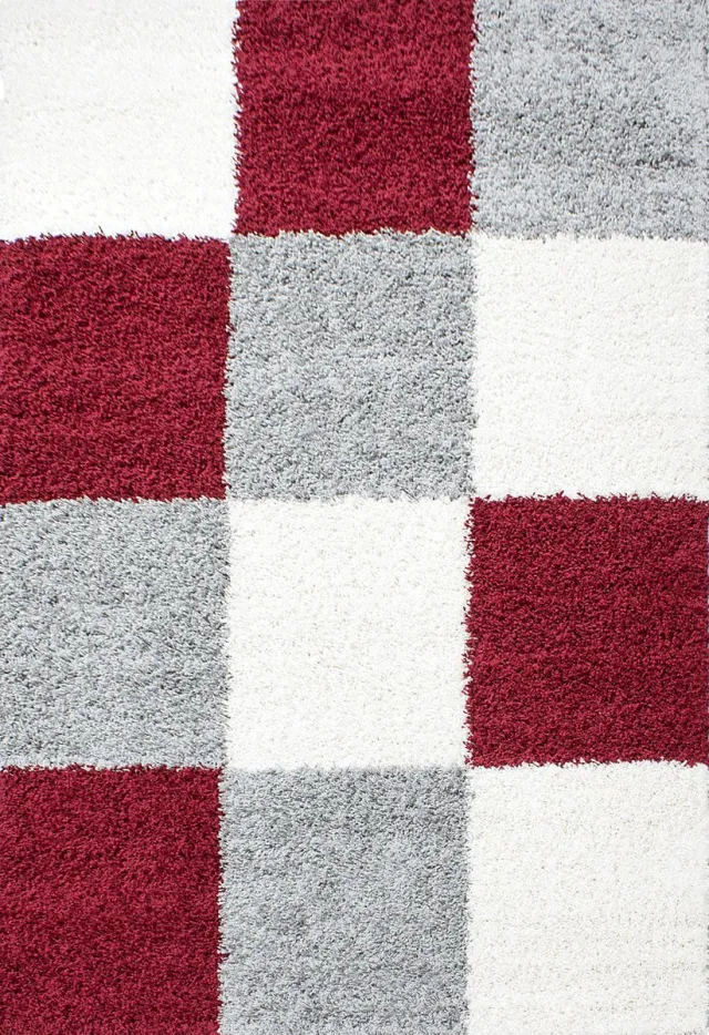 Muratap Basic Shaggy Geblokt vloerkleed Rood / Grijs Hoogpolig- 80x150 CM
