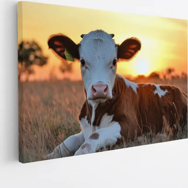 Saammp Canvas Schilderij - Kalf - koeien - Dieren - Natuur - 90x60 - Foto op canvas - Wanddecoratie - Muurdecoratie Woonkamer - Slaapkamer decoratie - Canvas Print Multicolor