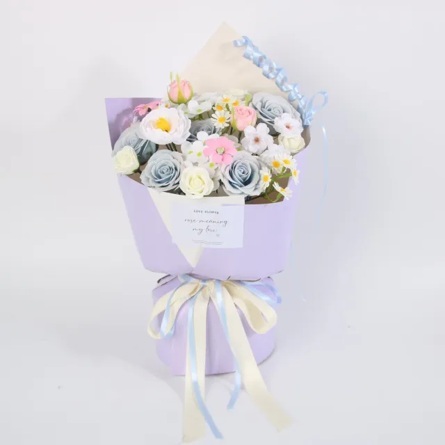 La Roselle Amsterdam Kunstbloemen Boeket – Geurende Rozen met Margrieten - Lila met strik Blauw/Roze/Lila