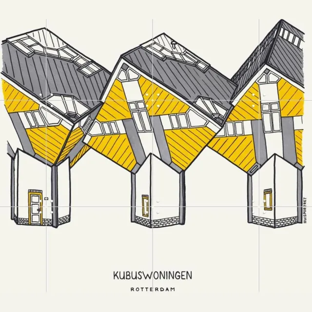 IXXI Cube Houses, Huisportret & Kunst in Kaart - 80 x 60 cm - Grote wanddecoratie en posters - Illustraties, Line art, Geometrische Kunst, Woonkamer Lichte tinten / Geel