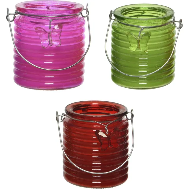 Decoris Citronella kaars - 3x - in windlicht - roze/groen en rood - 20 branduren - citrusgeur Multi