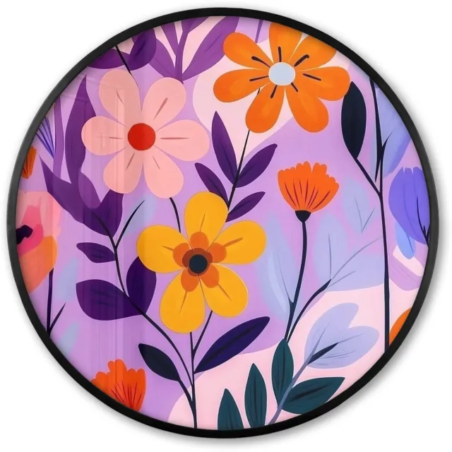 FrameYourWall Poster in lijst Rond - Fotolijst 80x80 cm - Posters - Bloemen - Kleurrijk - Bladeren - Ronde posterlijst zwart - Decoratie - Wanddecoratie woonkamer - Muurdecoratie slaapkamer Bloemen - Bladeren