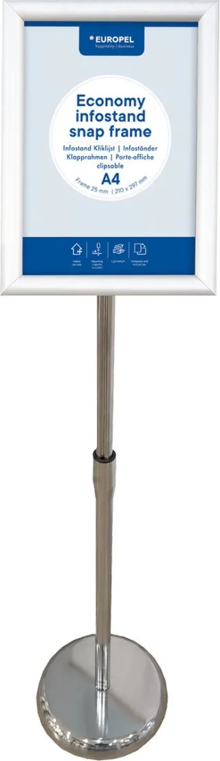 Europel Economy infostand kliklijst – Zilver – A4 (21 x 29,7 cm) – Frame 25mm – Verstelbare hoogte – Draaibare kliklijst – Ideaal voor Beurzen